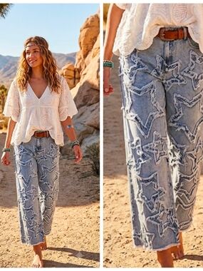 Boho Star Appliqué Wide-Leg Jeans - Light Blue